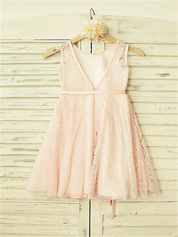 A-line/Princess Scoop Sleeveless Sash/Ribbon/Belt Tea-Length Lace Flower Girl Dresses CICIP0007847