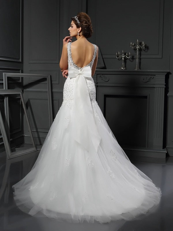 Sheath/Column Scoop Applique Sleeveless Long Net Wedding Dresses CICIP0006779