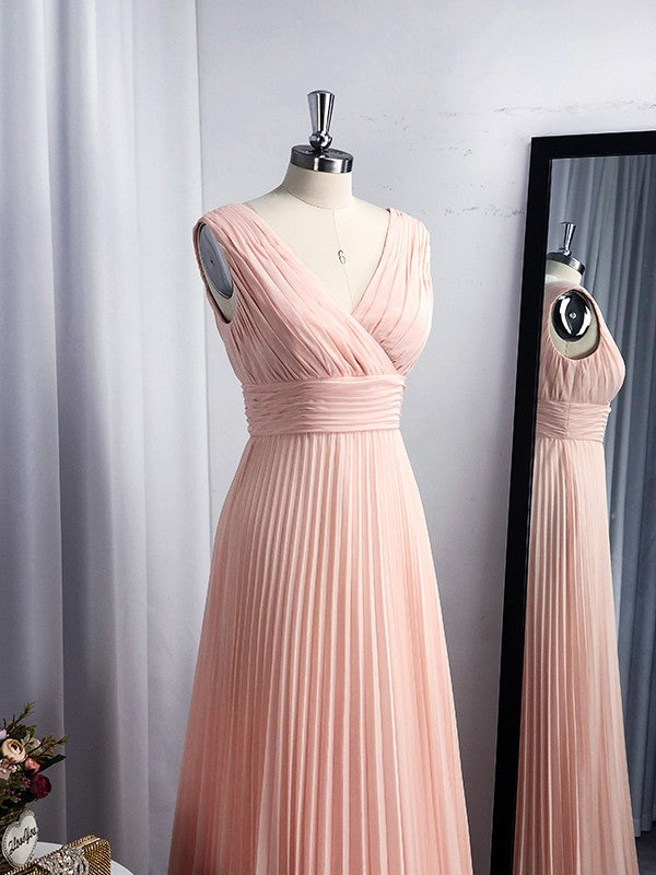 A-Line/Princess Chiffon V-neck Floor-Length Sleeveless Ruffles Dresses