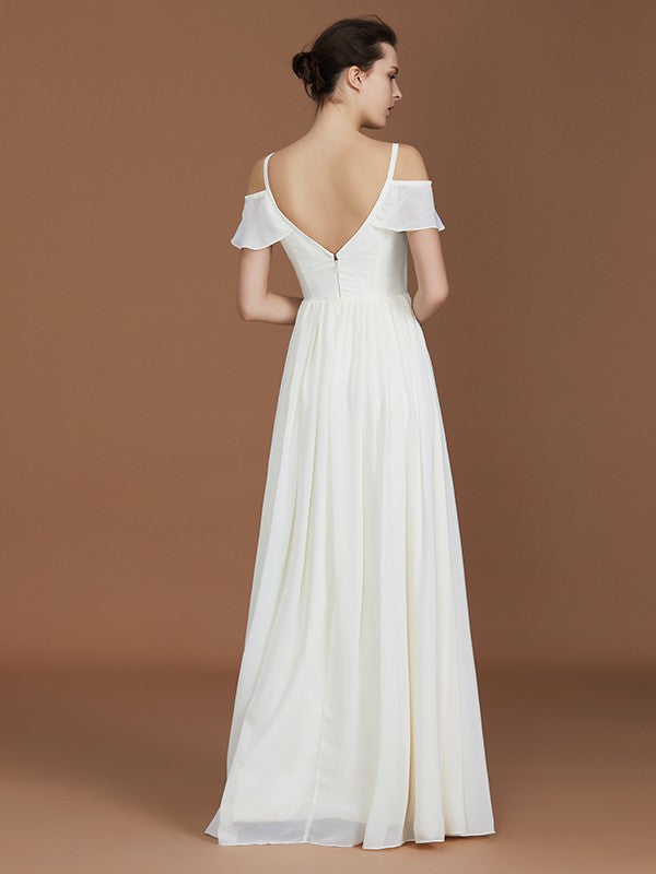 A-Line/Princess Short Sleeves Spaghetti Straps Ruched V-neck Floor-Length Chiffon Bridesmaid Dresses CICIP0005580