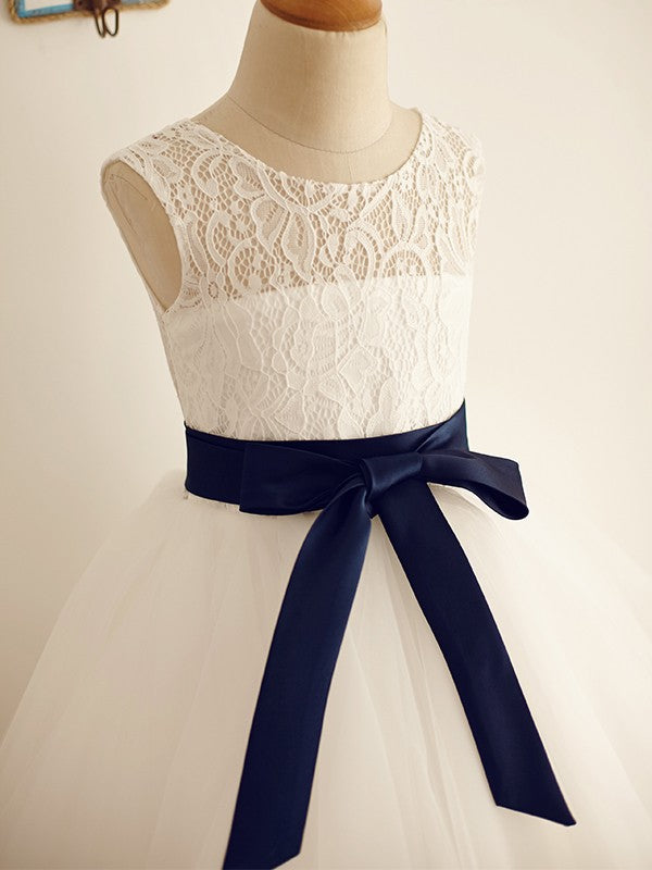 A-Line/Princess Tulle Sash/Ribbon/Belt Scoop Sleeveless Tea-Length Flower Girl Dresses CICIP0007803