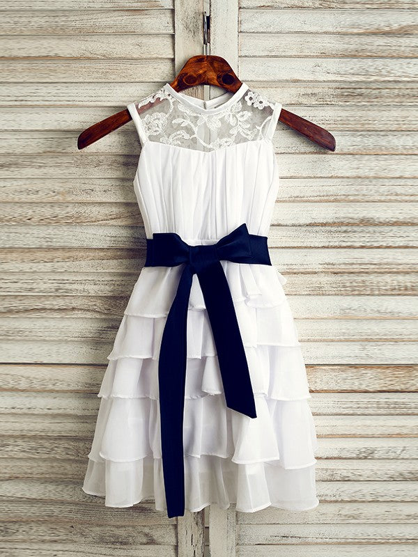 A-Line/Princess Chiffon Sash/Ribbon/Belt Scoop Sleeveless Tea-Length Flower Girl Dresses CICIP0007521