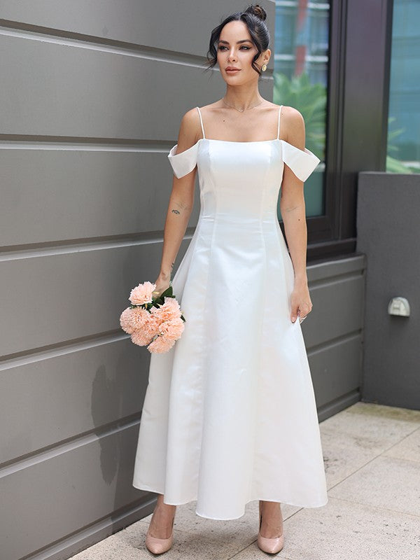 A-Line/Princess Satin Ruffles Spaghetti Straps Sleeveless Ankle-Length Wedding Dresses CICIP0007030