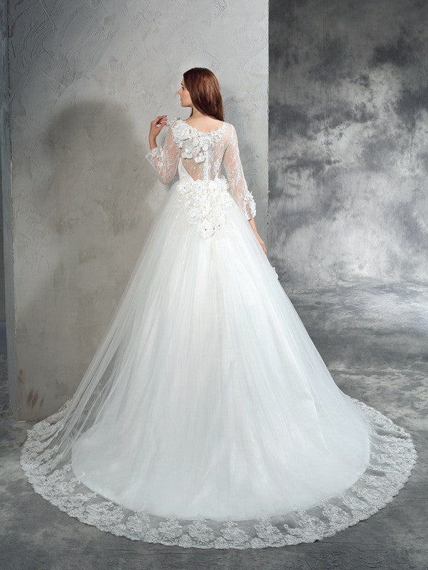 Ball Gown Sheer Neck Hand-Made Flower Long Sleeves Long Net Wedding Dresses CICIP0006751