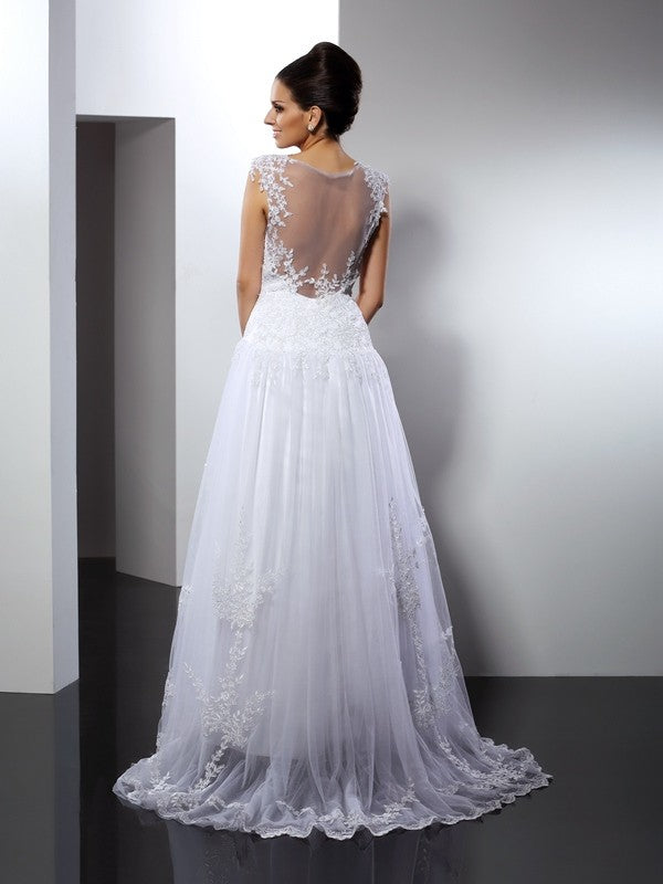 A-Line/Princess Straps Applique Sleeveless Long Lace Wedding Dresses CICIP0006277