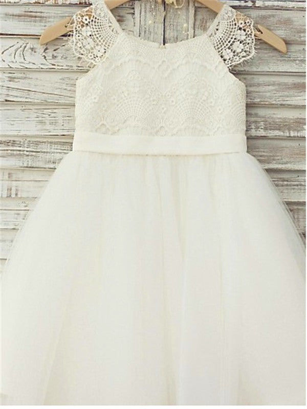A-line/Princess Scoop Sleeveless Lace Knee-Length Tulle Flower Girl Dresses CICIP0007585