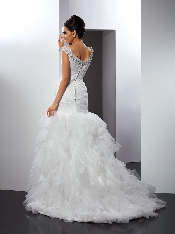 Trumpet/Mermaid V-neck Applique Sleeveless Long Tulle Wedding Dresses CICIP0006631
