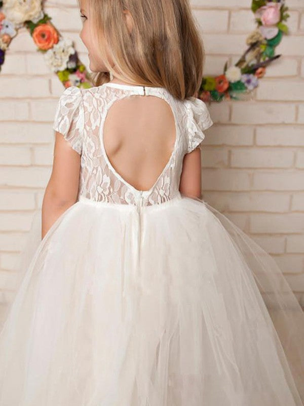 A-Line/Princess Tulle Lace Scoop Short Sleeves Floor-Length Flower Girl Dresses CICIP0007903
