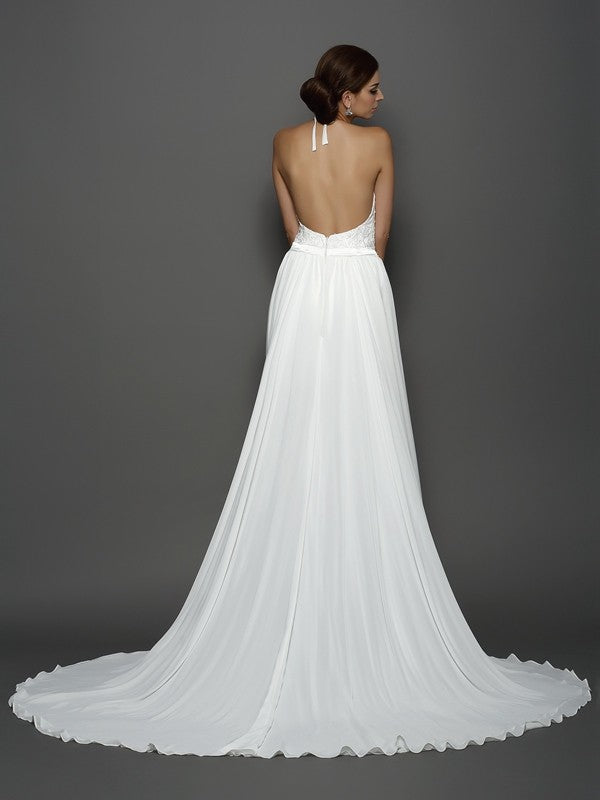 A-Line/Princess High Neck Lace Sleeveless Long Chiffon Wedding Dresses CICIP0006617