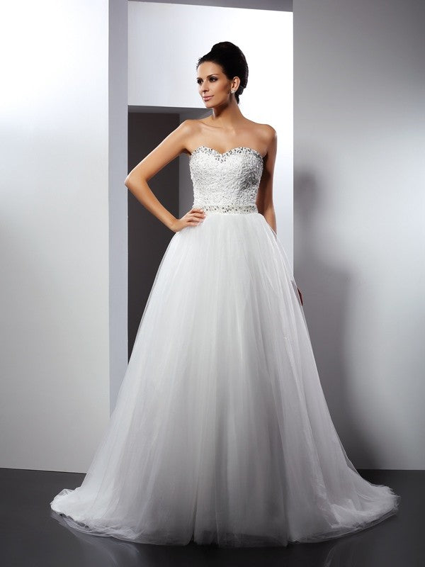 A-Line/Princess Spaghetti Straps Beading Sleeveless Long Tulle Wedding Dresses CICIP0006613