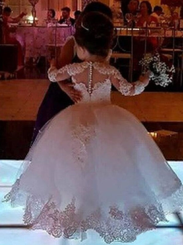 Ball Gown Tulle Applique Long Sleeves Scoop Floor-Length Flower Girl Dresses CICIP0007559