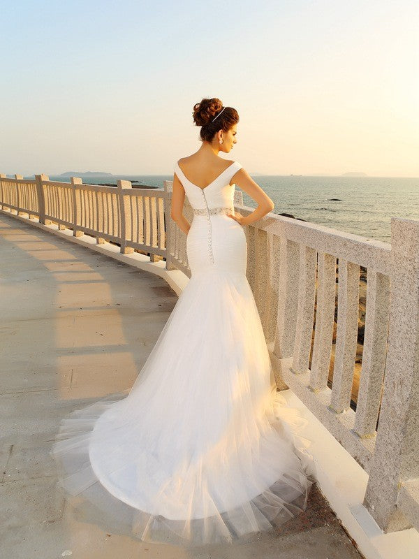 Sheath/Column V-neck Pleats Sleeveless Long Net Beach Wedding Dresses CICIP0006191
