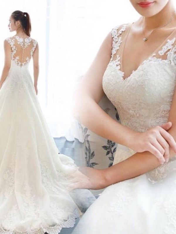 A-Line/Princess Sleeveless V-neck Court Train Applique Lace Wedding Dresses CICIP0006590