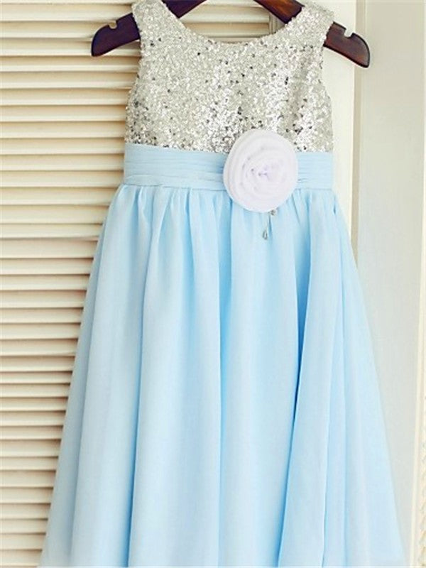A-line/Princess Scoop Sleeveless Sequin Tea-Length Chiffon Flower Girl Dresses CICIP0007813