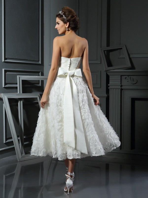 A-Line/Princess Sweetheart Bowknot Sleeveless Short Satin Wedding Dresses CICIP0006426
