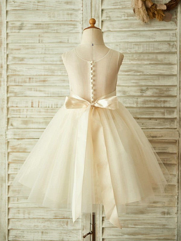 A-Line/Princess Tea-Length Scoop Lace Sleeveless Tulle Flower Girl Dresses CICIP0007770