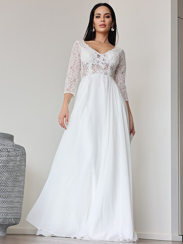 A-Line/Princess Chiffon Lace V-neck 3/4 Sleeves Floor-Length Wedding Dresses CICIP0007031