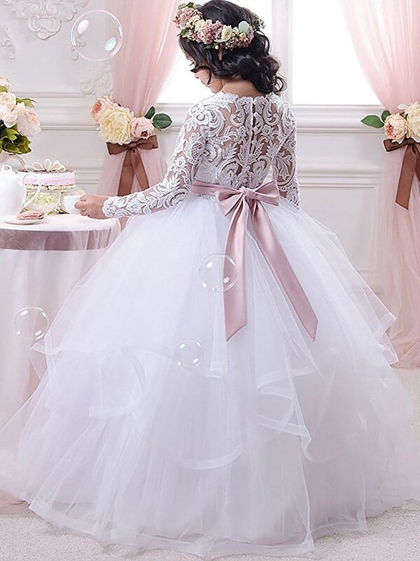 Ball Gown Jewel Long Sleeves Lace Floor-Length Tulle Flower Girl Dresses CICIP0007554