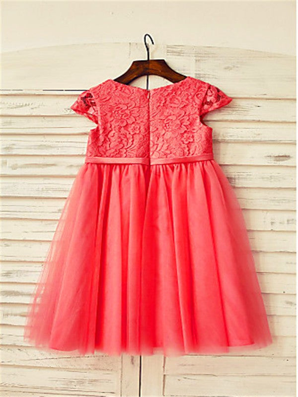 A-line/Princess Scoop Short Sleeves Lace Tea-Length Tulle Flower Girl Dresses CICIP0007881