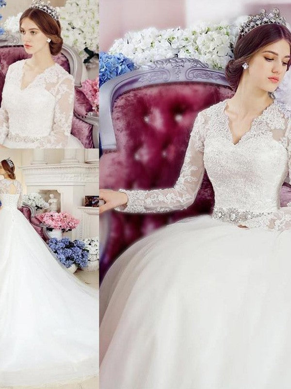 A-Line/Princess Long Sleeves V-neck Cathedral Train Applique Lace Tulle Wedding Dresses CICIP0006776