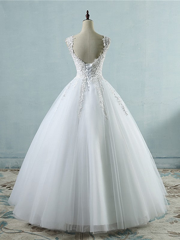 Ball Gown V-neck Sleeveless Sweetheart Floor-Length Applique Tulle Wedding Dresses CICIP0005993