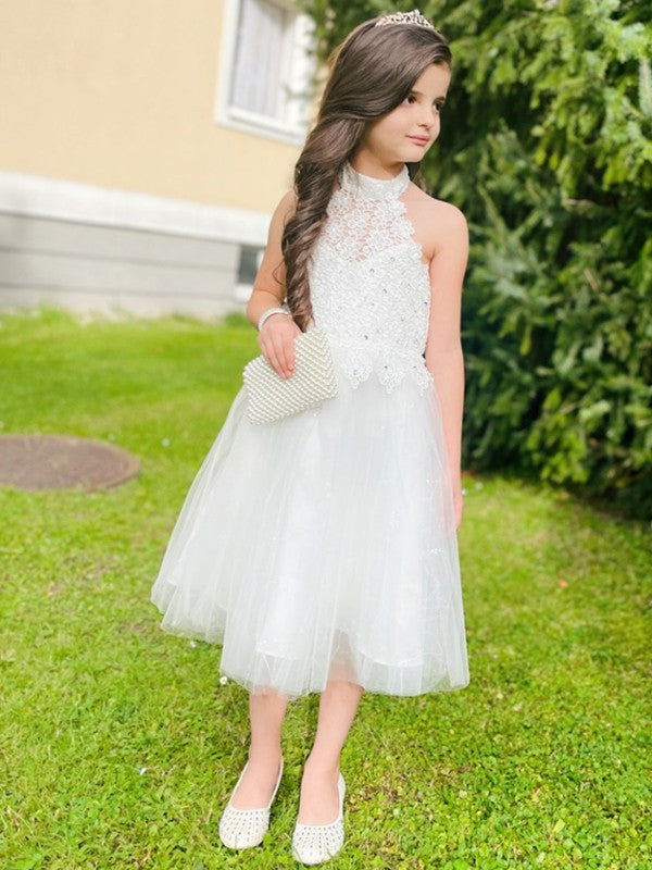 A-Line/Princess Tulle Lace Halter Sleeveless Knee-Length Flower Girl Dresses CICIP0007550