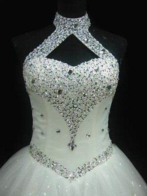 Ball Gown Halter Sleeveless Floor-Length Beading Sequin Tulle Wedding Dresses CICIP0006012