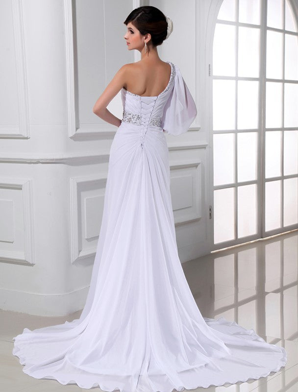 A-Line/Princess Beading One-shoulder One-sleeve Chiffon Wedding Dresses CICIP0006753