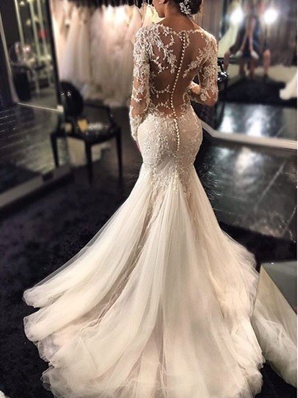Trumpet/Mermaid V-neck Long Sleeves Lace Court Train Tulle Wedding Dresses CICIP0005957