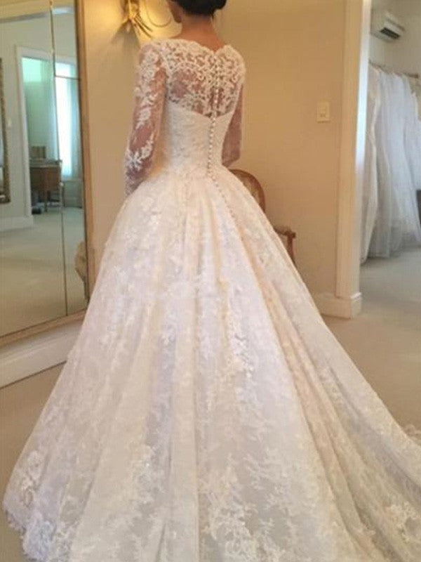 Ball Gown Long Sleeves Scoop Cathedral Train Ruffles Lace Wedding Dresses CICIP0006348