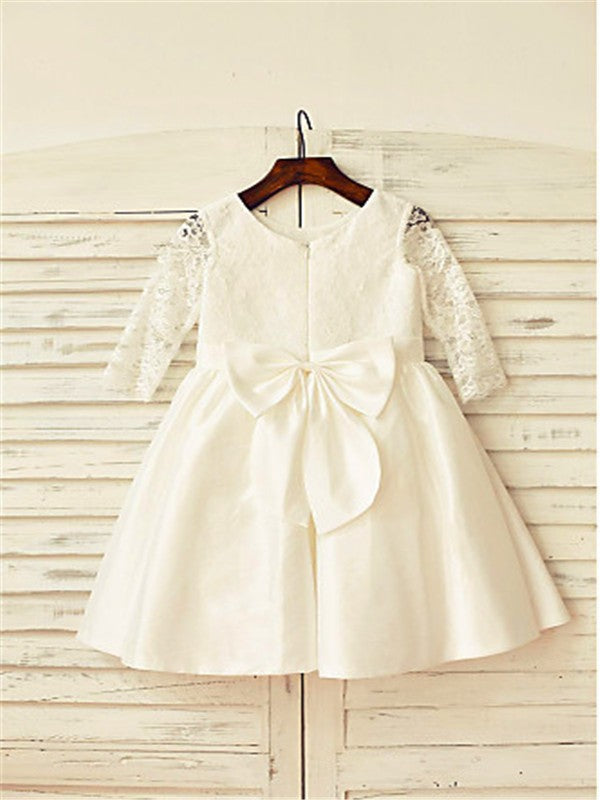 A-line/Princess Jewel Long Sleeves Lace Tea-Length Satin Flower Girl Dresses CICIP0007791