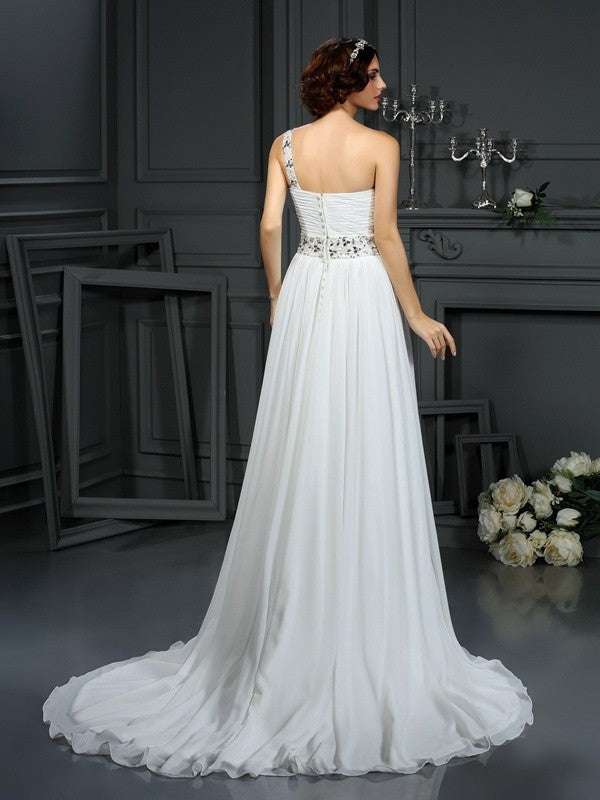 A-Line/Princess One-Shoulder Beading Sleeveless Long Chiffon Wedding Dresses CICIP0006706
