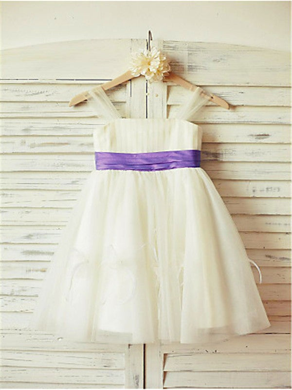 A-line/Princess Straps Sleeveless Ruffles Tea-Length Tulle Flower Girl Dresses CICIP0007886