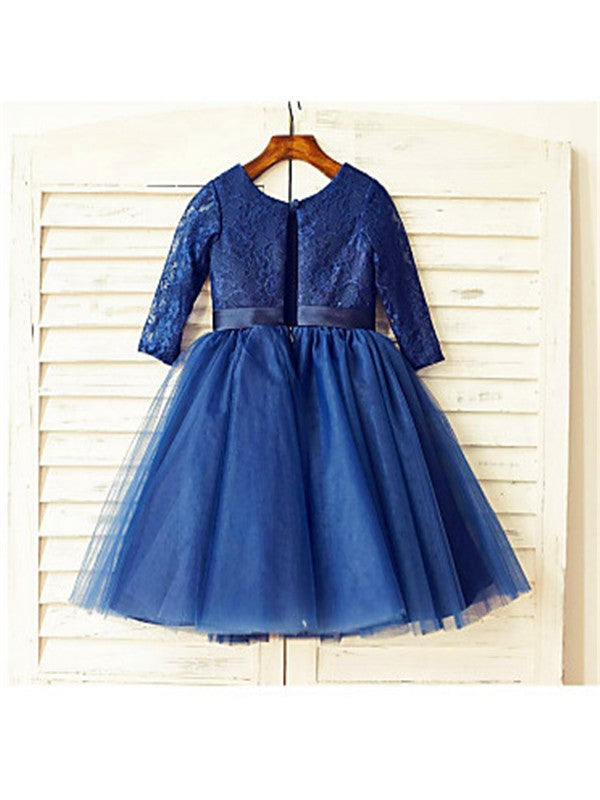 A-line/Princess Scoop Long Sleeves Lace Tea-Length Tulle Flower Girl Dresses CICIP0007732