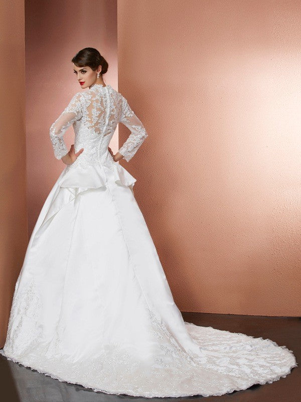 A-Line/Princess V-neck Long Sleeves Applique Long Satin Wedding Dresses CICIP0006802