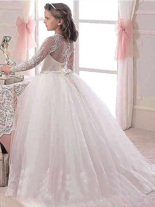 Ball Gown Scoop Long Sleeves Floor-Length Lace Tulle Flower Girl Dresses CICIP0007642