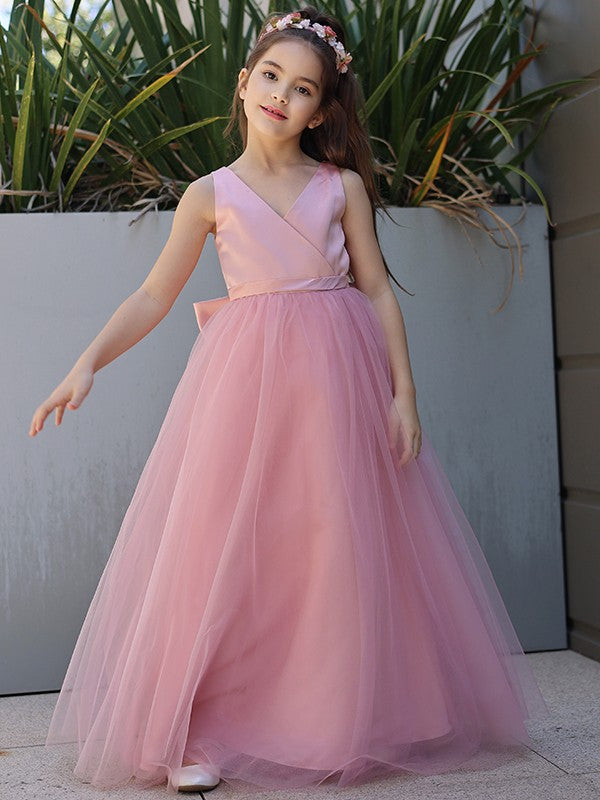A-Line/Princess Tulle Bowknot V-neck Sleeveless Floor-Length Flower Girl Dresses CICIP0007496
