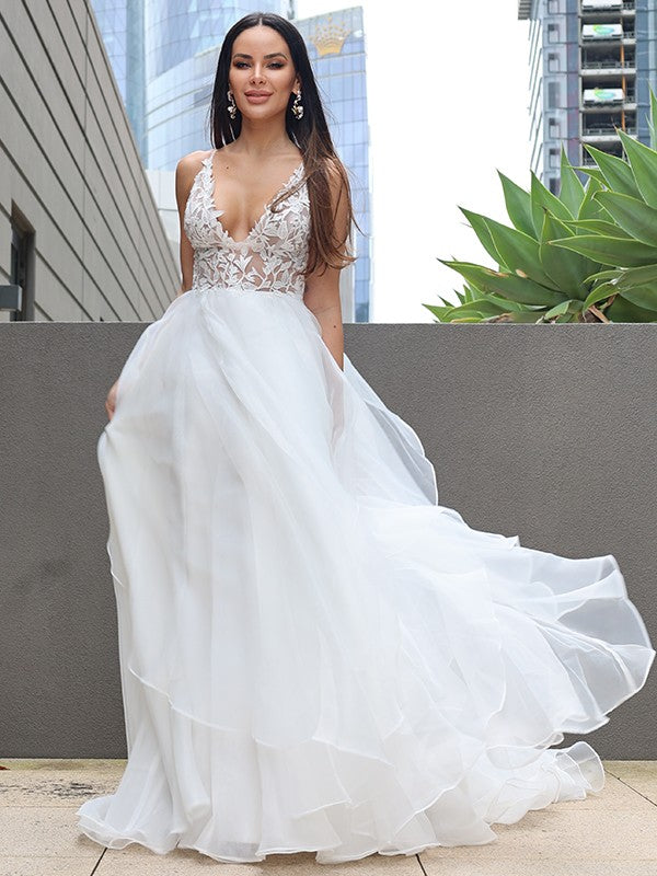 A-Line/Princess Lace Ruffles V-neck Sleeveless Sweep/Brush Train Wedding Dresses CICIP0005904