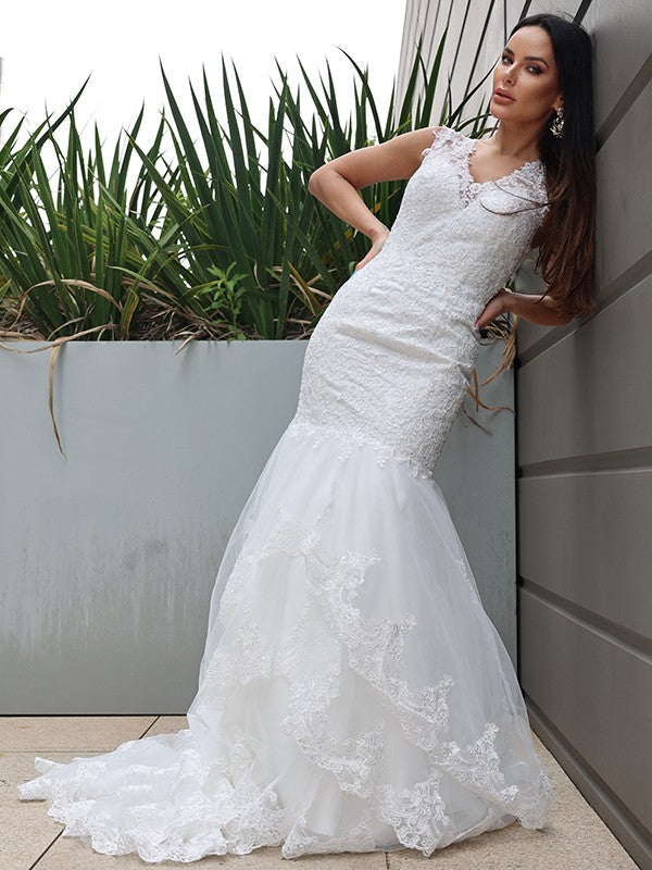 Trumpet/Mermaid Tulle Lace V-neck Sleeveless Sweep/Brush Train Wedding Dresses CICIP0006142