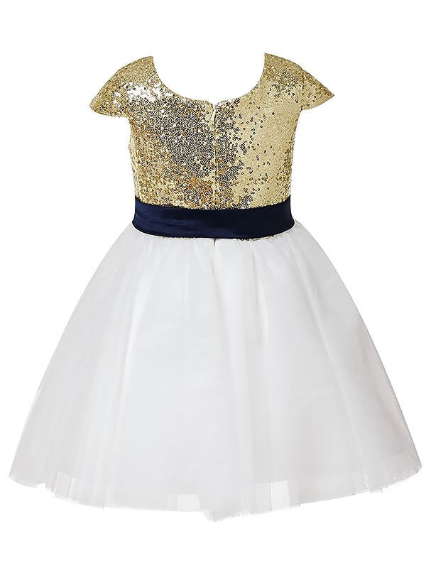 A-Line/Princess Short Sleeves Jewel Sequins Tulle Tea-Length Flower Girl Dresses CICIP0007749