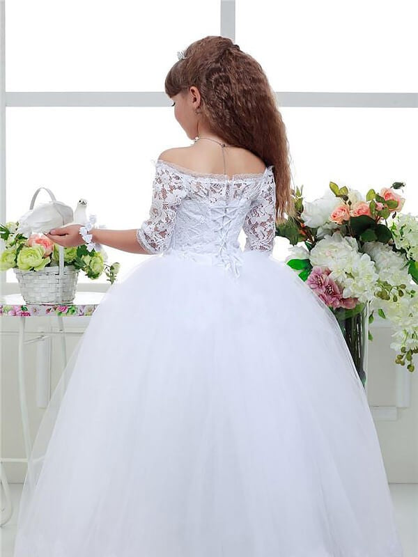 Ball Gown Off-the-Shoulder 1/2 Sleeves Lace Floor-Length Tulle Flower Girl Dresses CICIP0007578