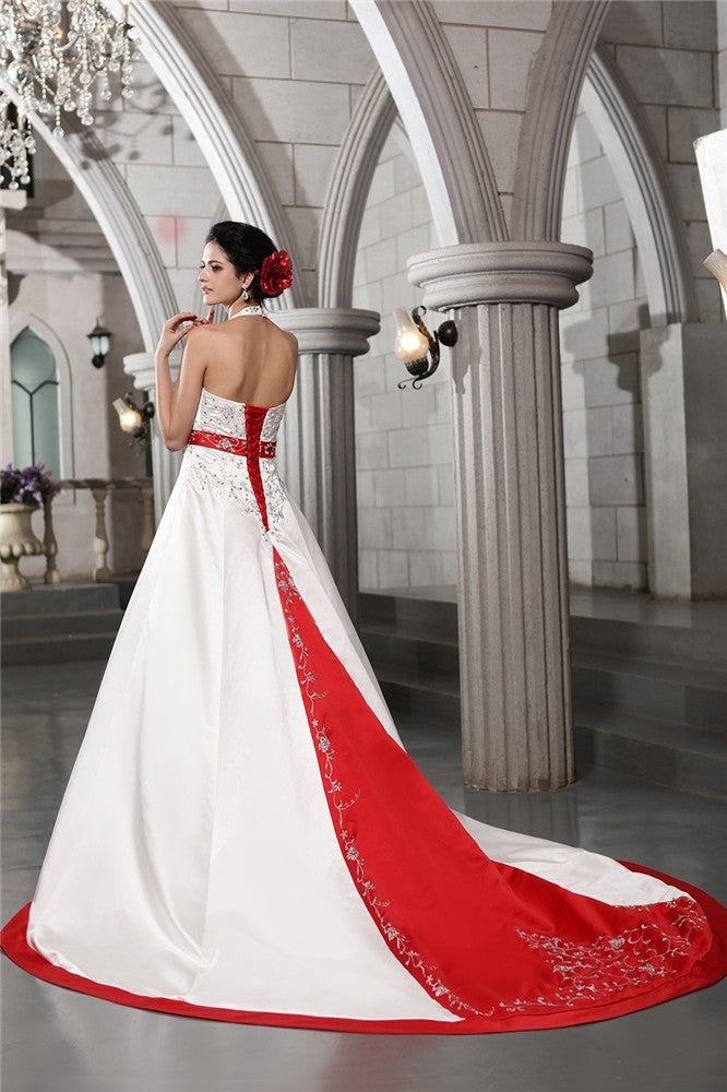 A-Line/Princess V-neck Sleeveless Beading Embroidery Long Satin Wedding Dresses CICIP0006621
