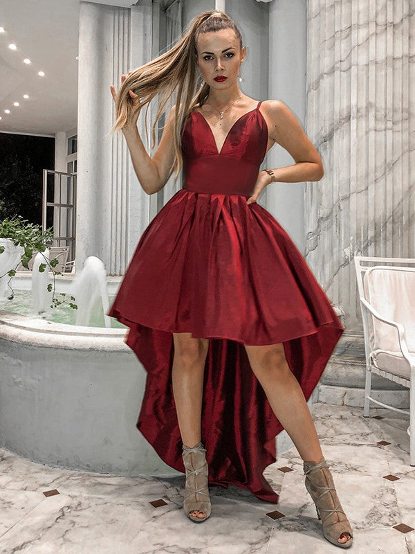 A-Line/Princess Spaghetti Straps Taffeta Ruffles Sleeveless Asymmetrical Homecoming Dresses CICIP0004513