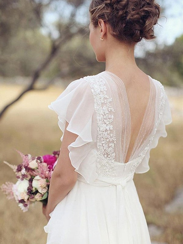 A-Line/Princess Chiffon V-neck Ruched Short Sleeves Floor-Length Wedding Dresses CICIP0006035
