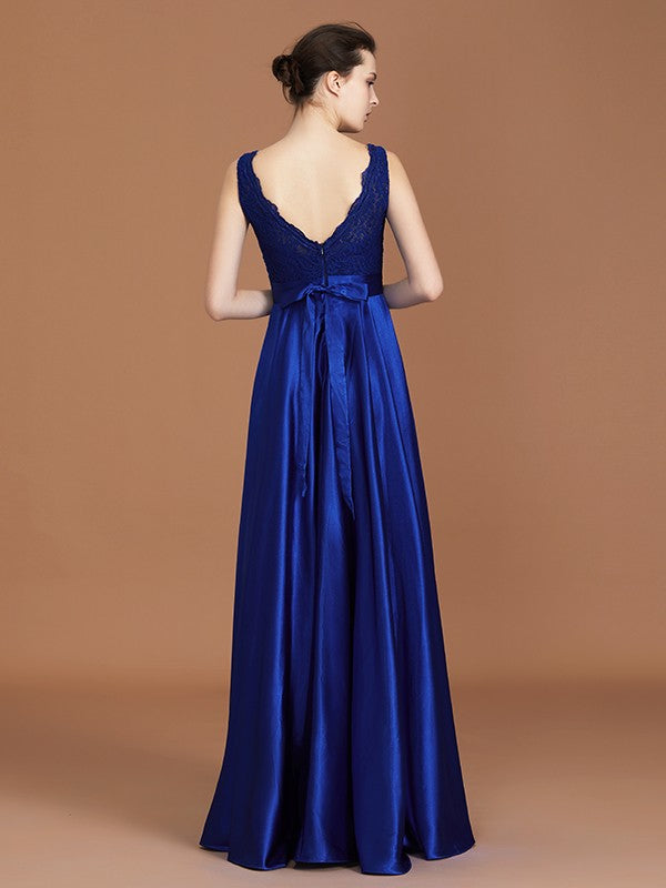 A-Line/Princess V-neck Sleeveless Satin Asymmetrical Lace Bridesmaid Dress CICIP0005532