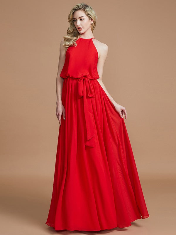 A-Line/Princess Halter Sleeveless Sash/Ribbon/Belt Floor-Length Chiffon Bridesmaid Dresses CICIP0005604