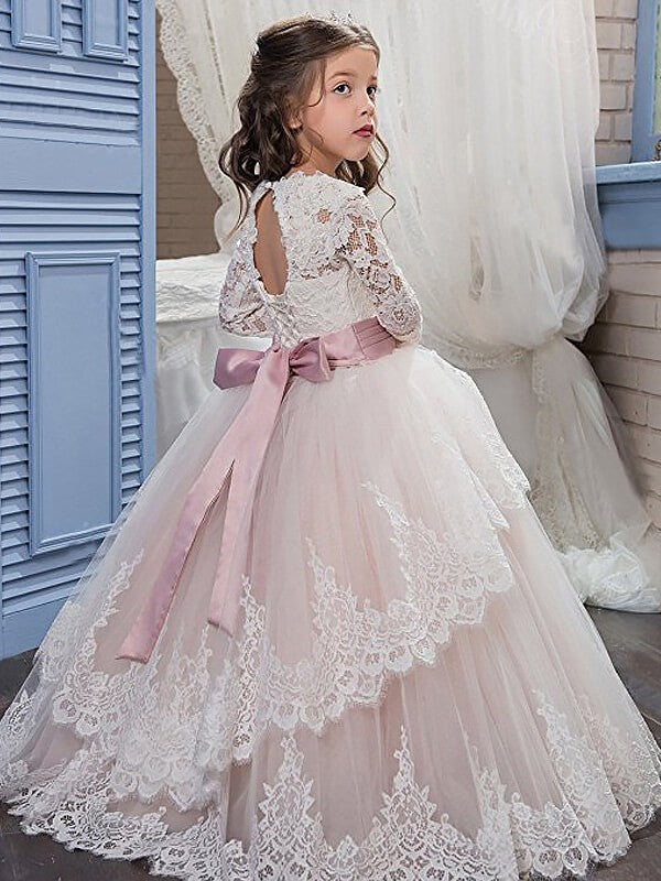 Ball Gown Jewel Long Sleeves Lace Floor-Length Tulle Flower Girl Dresses CICIP0007626