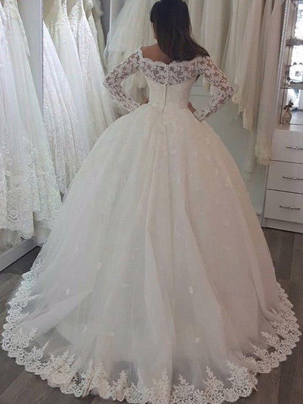 Ball Gown Long Sleeves Off-the-Shoulder Sweep/Brush Train Applique Lace Wedding Dresses CICIP0006425