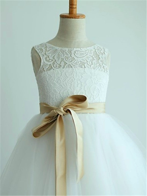 A-line/Princess Scoop Sleeveless Sash/Ribbon/Belt Tea-Length Tulle Flower Girl Dresses CICIP0007533