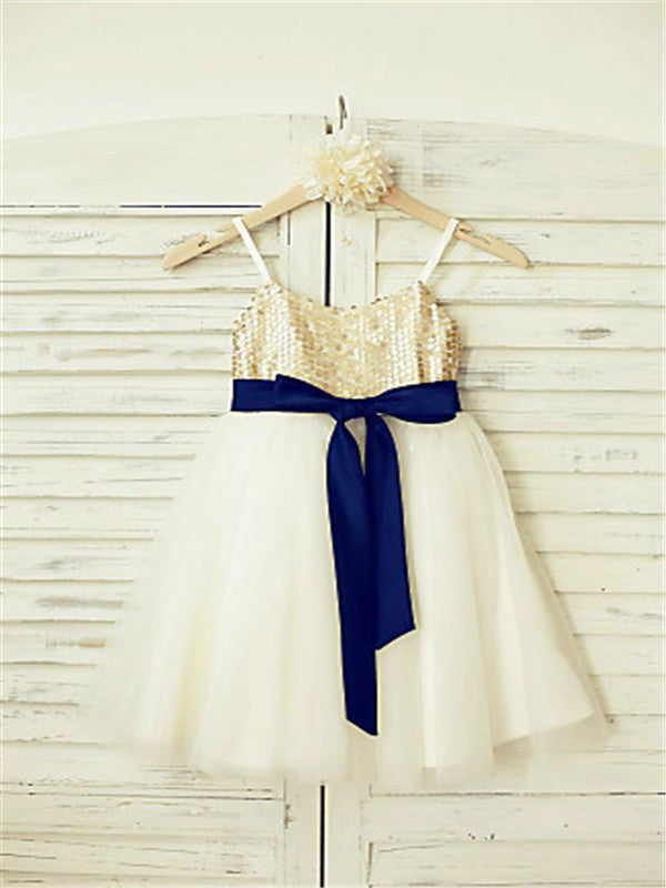 A-line/Princess Spaghetti Straps Sleeveless Sequin Ankle-Length Tulle Flower Girl Dresses CICIP0007855